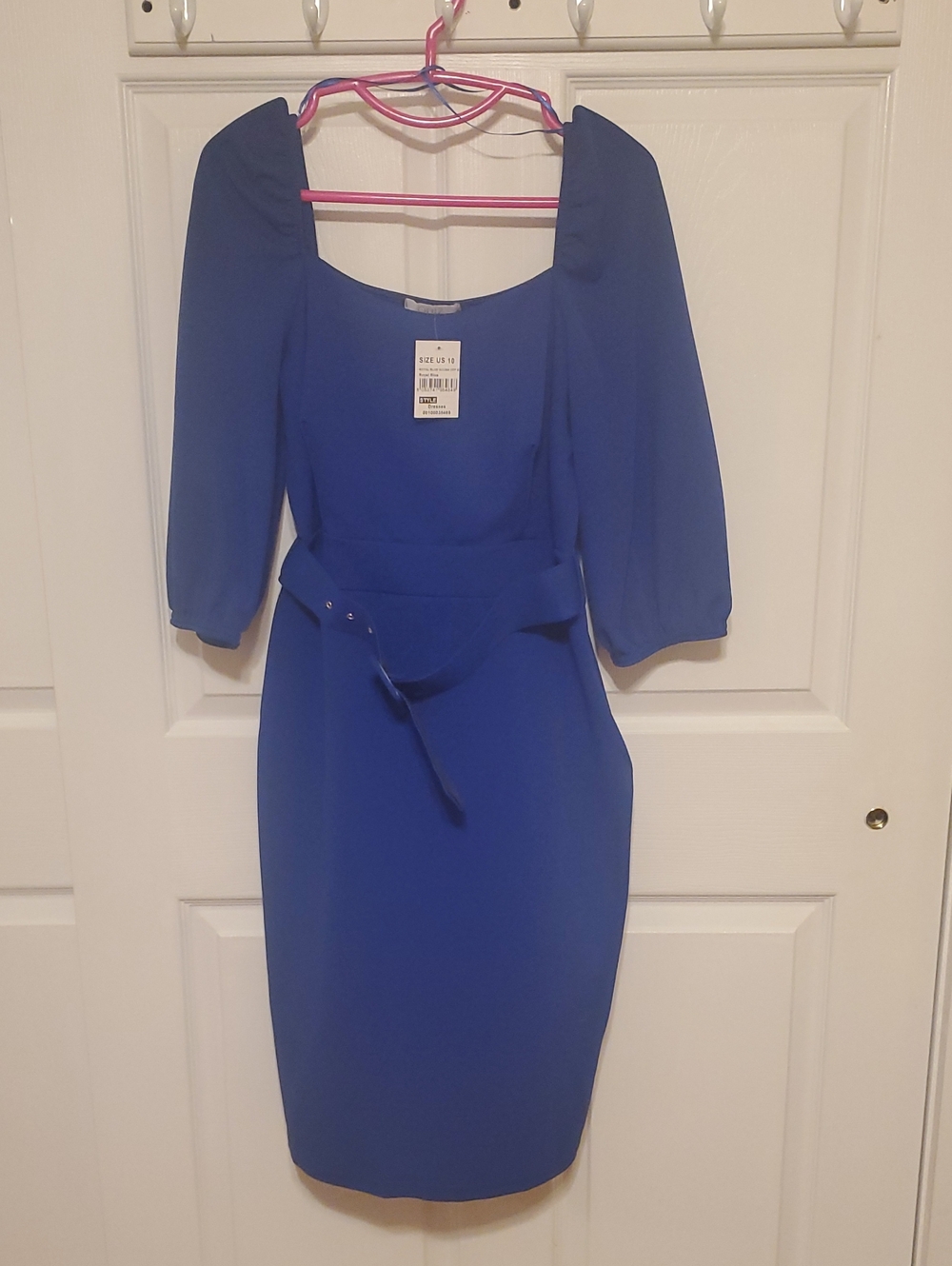 Blue Puff-Sleeve Sheath Dress with Waist Tie